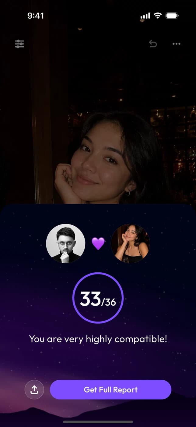 An AstroPair result in the Klik app: 33 out of 36