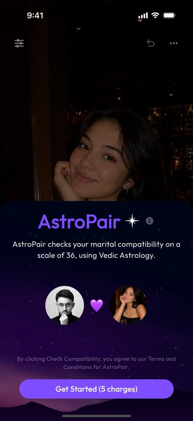 AstroPair in the Klik app, checking compatibility on a scale of 36