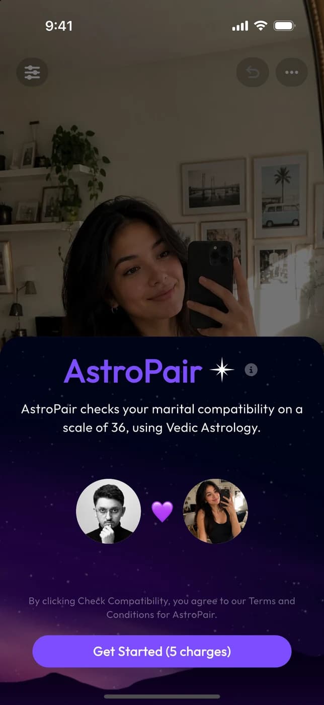 AstroPair in the Klik app, checking compatibility on a scale of 36