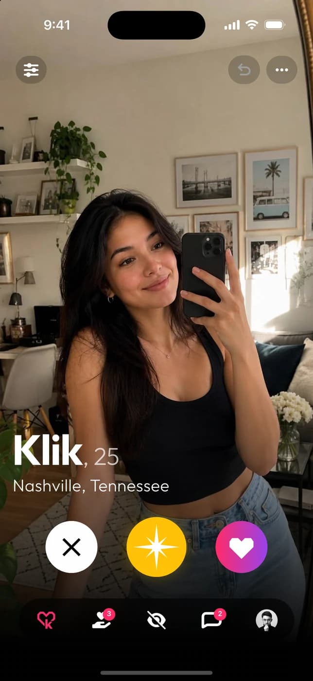 The Klik feed: a profile card with pass, star and like buttons