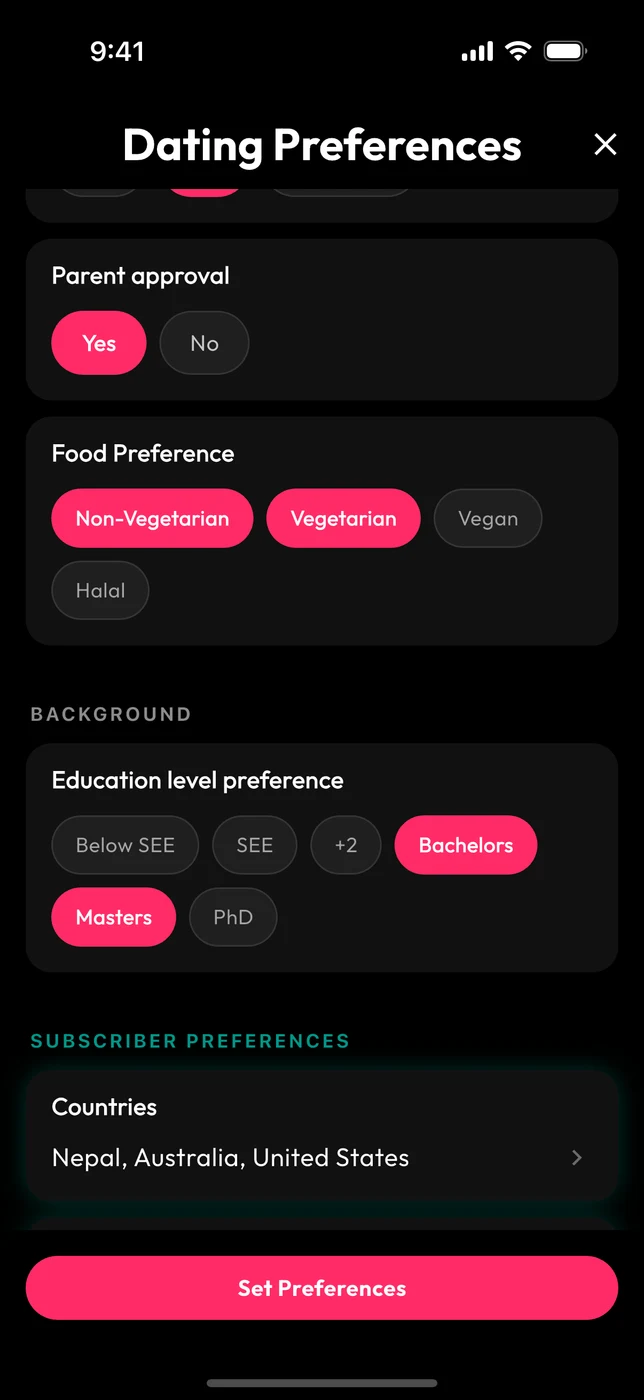 The dating preferences screen in the Klik app