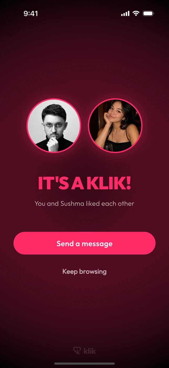 It's a Klik: the match screen when two people like each other