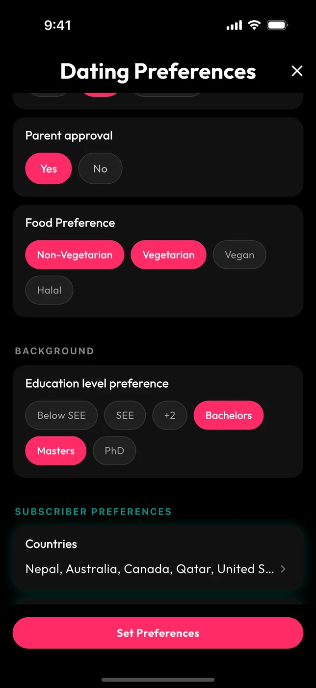 The dating preferences screen in the Klik app, with parent approval, food and education